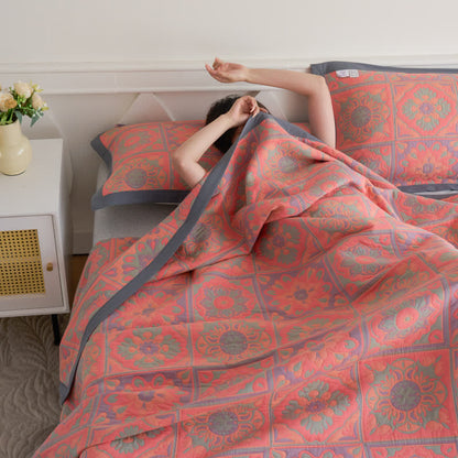 Jacquard Floral Cotton Quilt | 100% Organic Cotton | Reversible Design with Pillow Towels