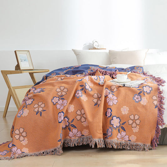 Blooming Flowers Soft Tassel Blanket | Pure Cotton | Full Size 59"W x 79"L