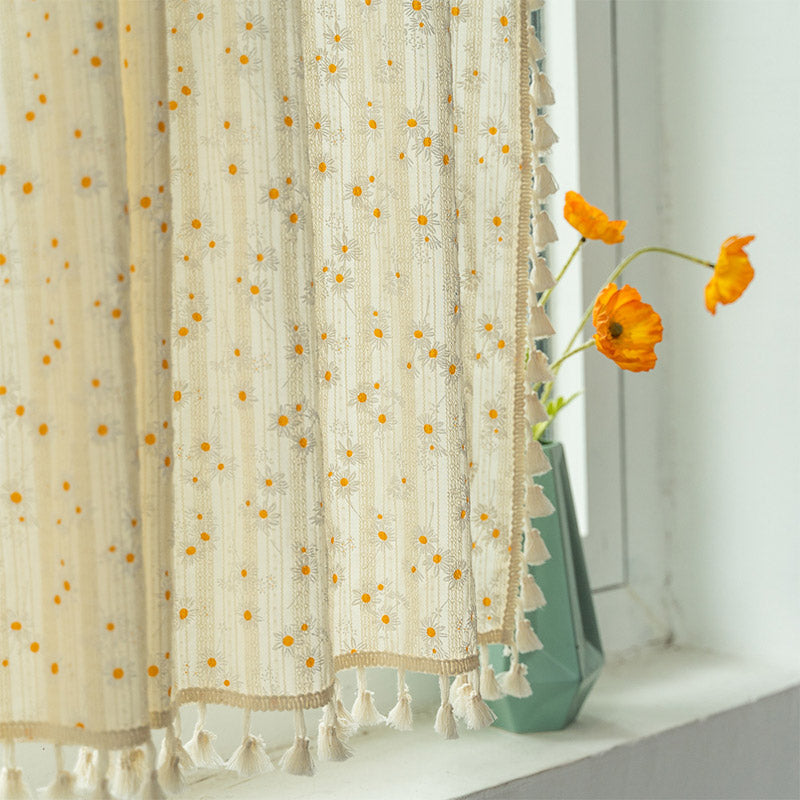 Beige Daisy Pattern Tier Curtain | Cotton Linen | 1 Piece