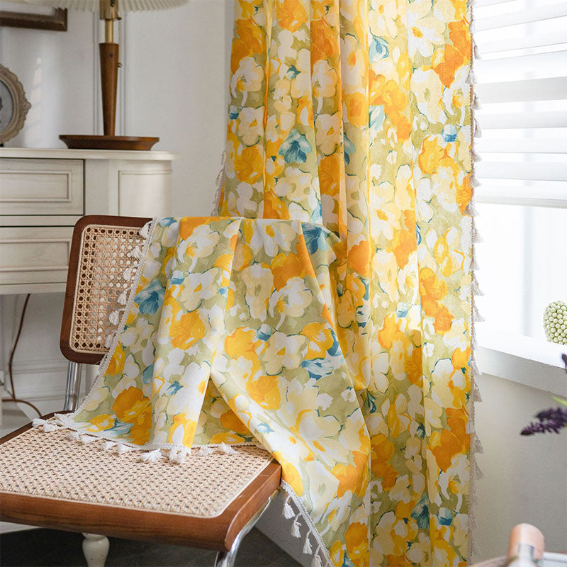 Yellow Flower Semi-Blackout Curtain | Cotton Linen | 1 Piece