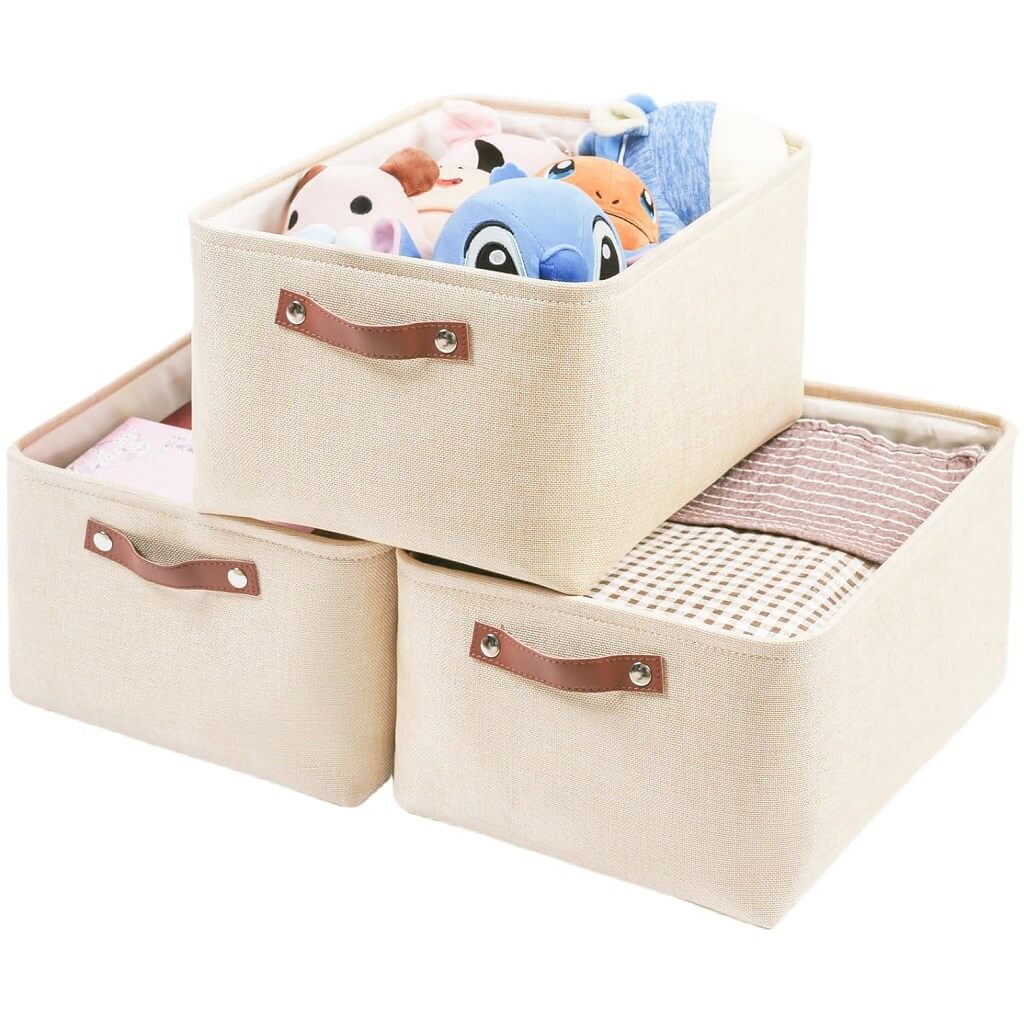 Collapsible Storage Box | Durable Linen with Leather Handles | Beige