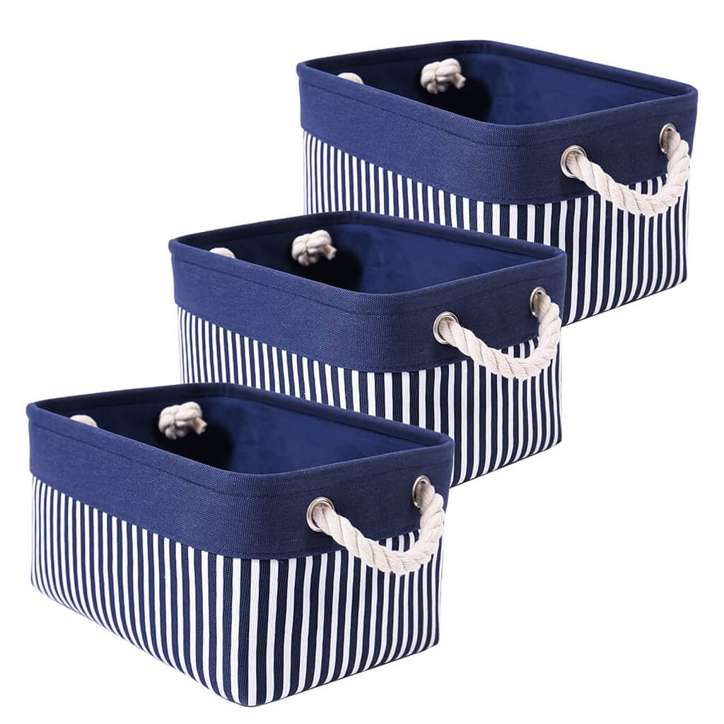 Washable Fabric Storage Baskets | Canvas with Cotton Rope Handles | Blue/White Stripes