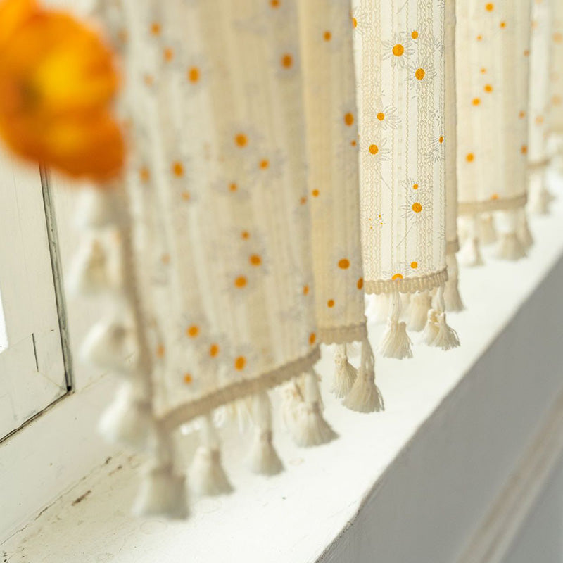 Beige Daisy Pattern Tier Curtain | Cotton Linen | 1 Piece