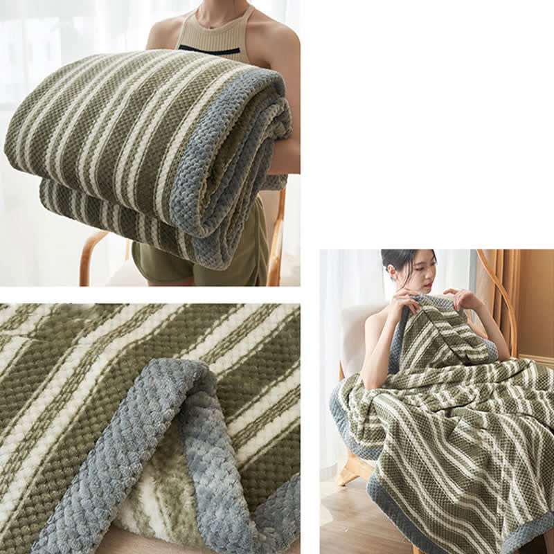Striped Coral Fleece Throw Blanket | High-Quality Polyester | Available in Full, Queen, King Sizes