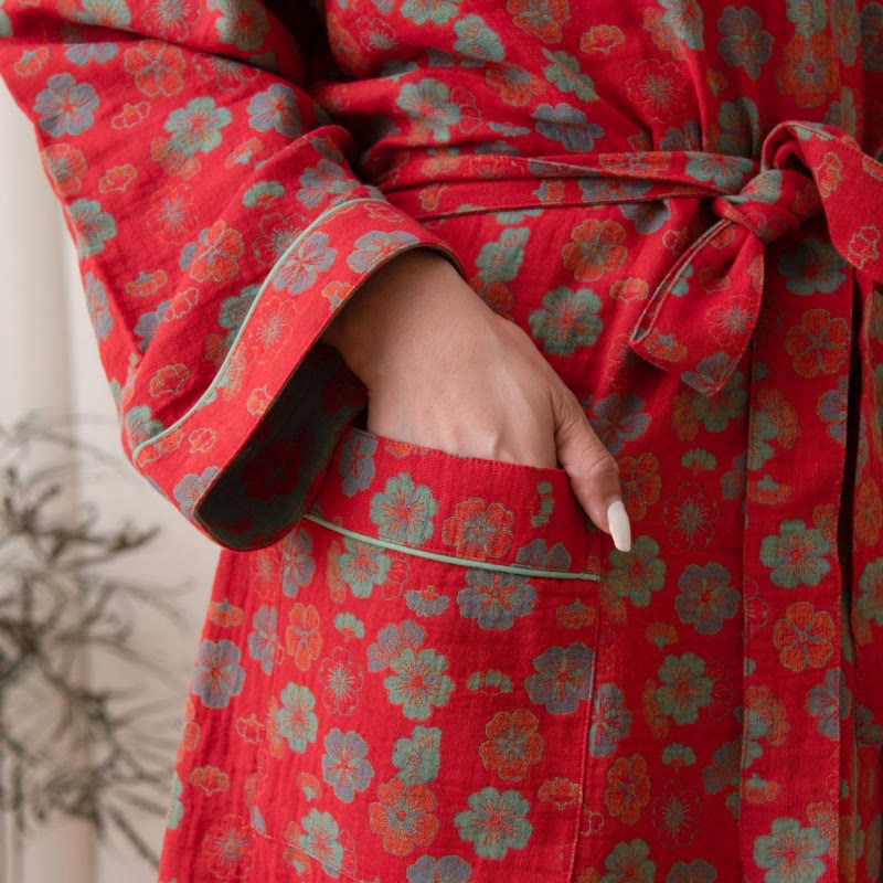 Cotton Bathrobe | Double-Layer Soft Fabric | Plum Blossom Pattern