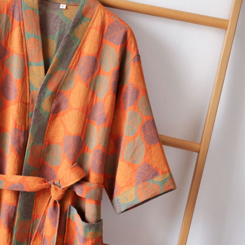 Cotton Gauze Bathrobe | Leaf Pattern | Adjustable Belt, Pockets