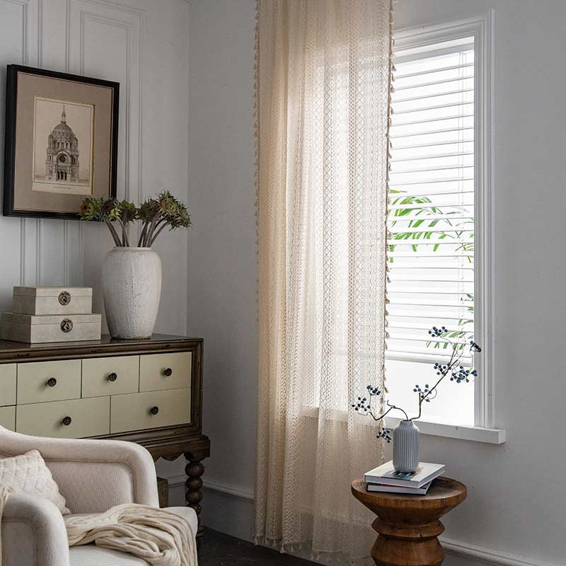 Cotton Beige Bohemian Curtain | Hollow-Out Tassel Design | 1 Piece