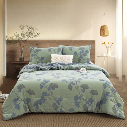 Rustic Ginkgo Leaf Bedding Set | 100% Organic Cotton | Includes Quilt & 2 Pillowcases