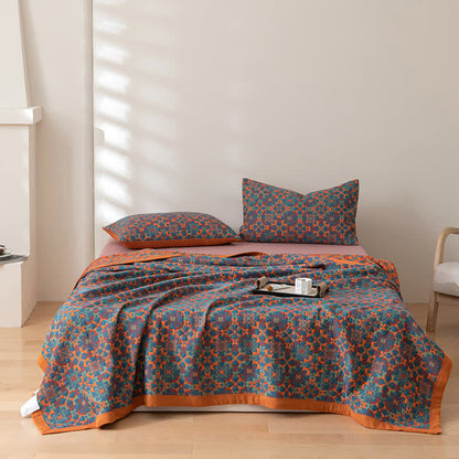 Cotton Quilt Set | Reversible Orange & Blue | 1 Quilt & 2 Pillowcases