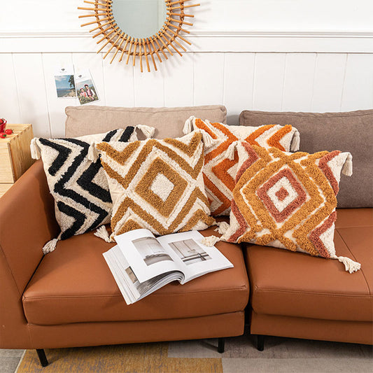 Morocco Jacquard Pillow Cover | Cotton with Tassels | Neutral Color