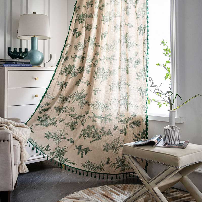 Green Pine Bird Pattern Curtain | Cotton Blend Fabric | Semi-Blackout Design