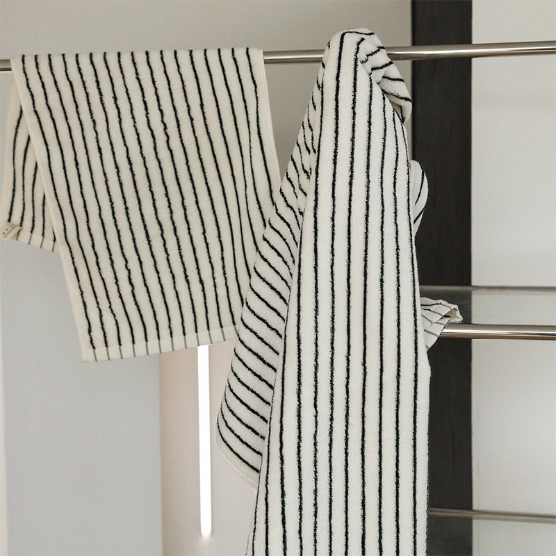 Breathable Cotton Bath Towel | White & Black Striped | 70cm x 140cm
