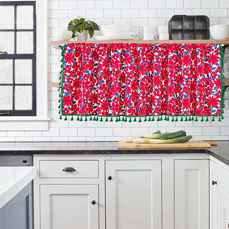 Red Flower Print Tier Curtain | Cotton Linen | 59"W x 17"L, 23"L, or 36"L