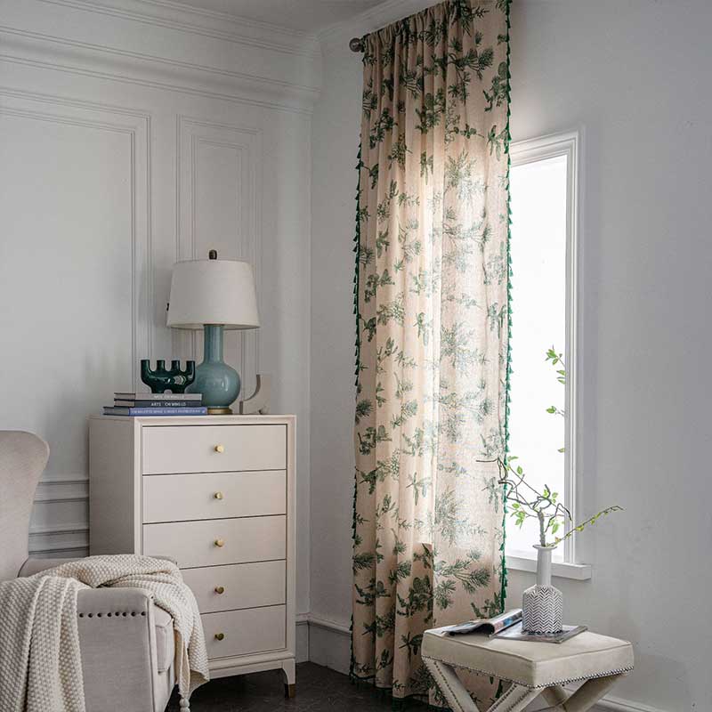 Green Pine Bird Pattern Curtain | Cotton Blend Fabric | Semi-Blackout Design