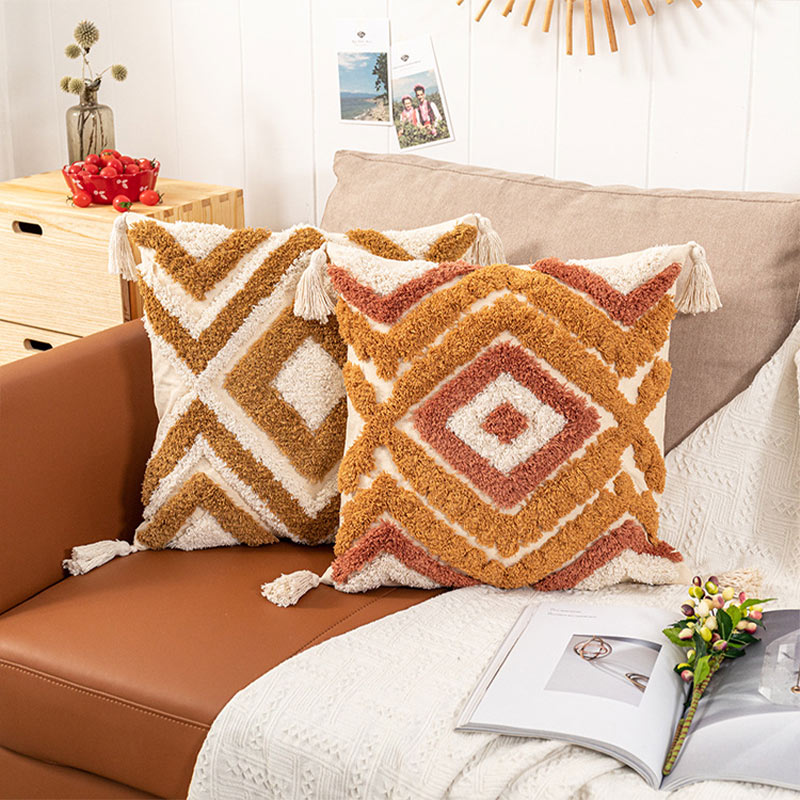 Morocco Jacquard Pillow Cover | Cotton with Tassels | Neutral Color