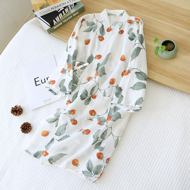 Cotton Gauze Bathrobe | Cherry Tomato Motif | V-Neck Design