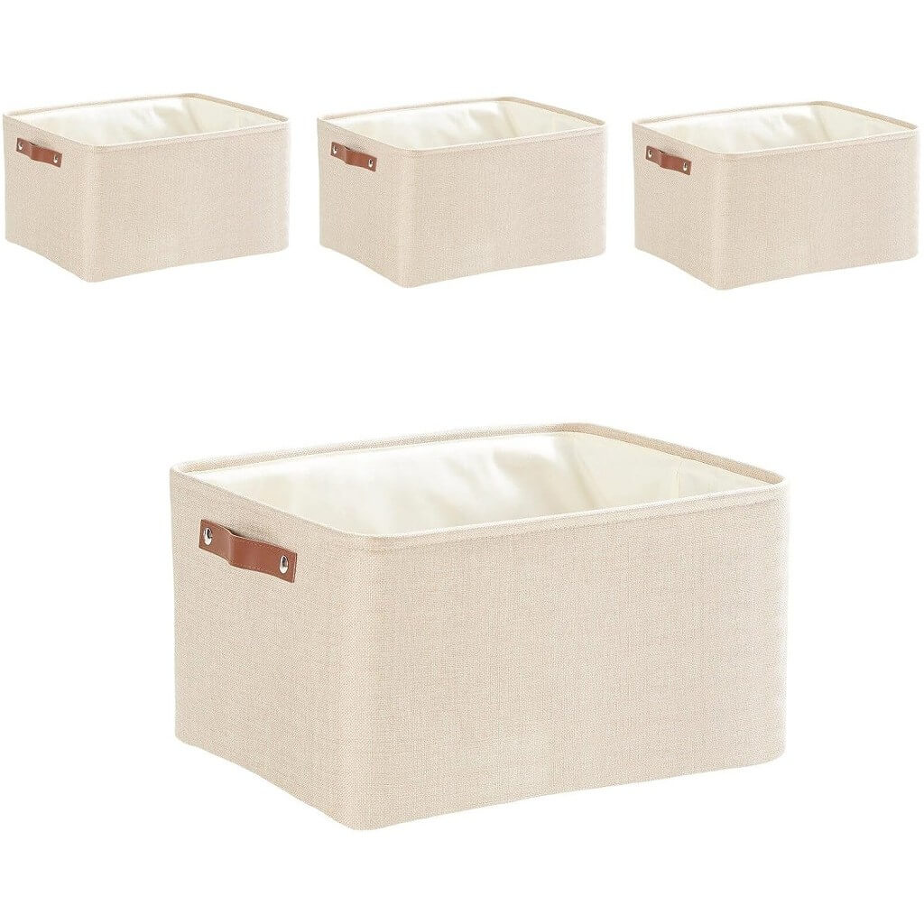 Collapsible Storage Box | Durable Linen with Leather Handles | Beige