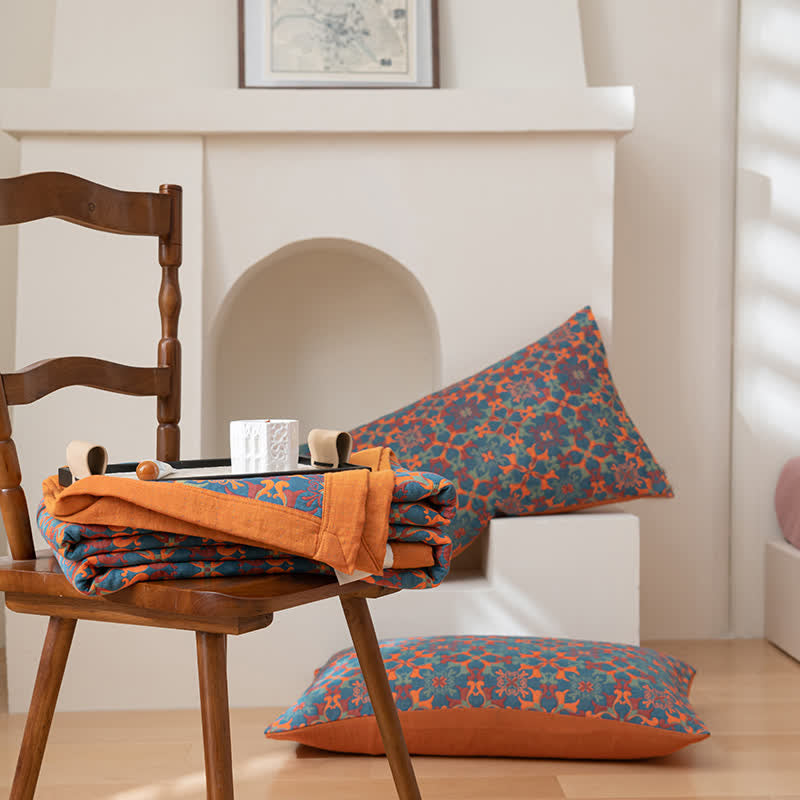 Cotton Quilt Set | Reversible Orange & Blue | 1 Quilt & 2 Pillowcases