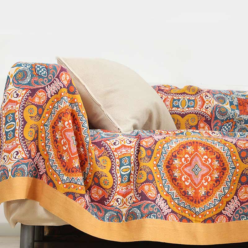 Boho Reversible Sofa Blanket | 95% Cotton | Orange, Full Size 59"W x 79"L