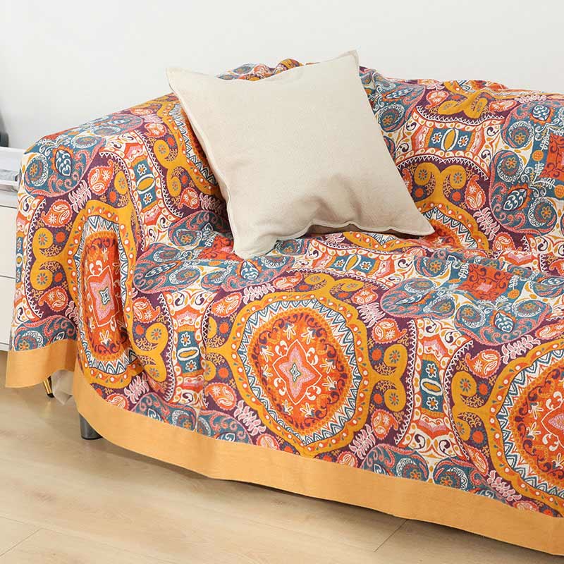 Boho Reversible Sofa Blanket | 95% Cotton | Orange, Full Size 59"W x 79"L