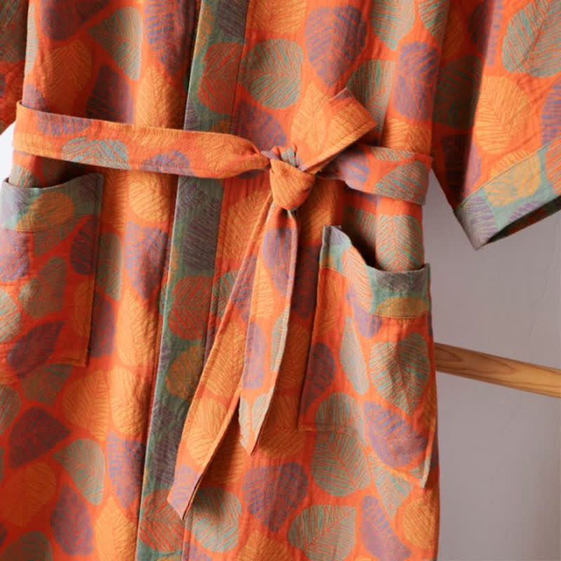Cotton Gauze Bathrobe | Leaf Pattern | Adjustable Belt, Pockets