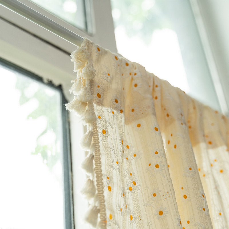 Beige Daisy Pattern Tier Curtain | Cotton Linen | 1 Piece