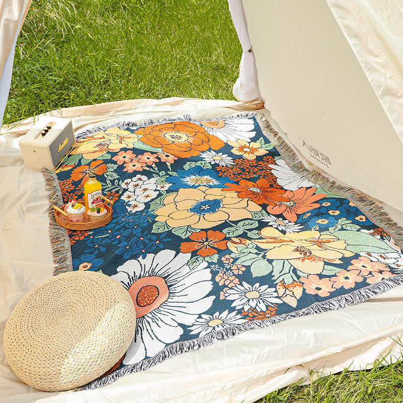 Bright Flower Tassel Blanket | Pure Cotton | Multiple Sizes Available