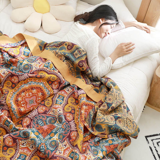 Reversible Cotton Quilt | Dark Orange Bohemian Design | Available in Full, Queen, King Sizes