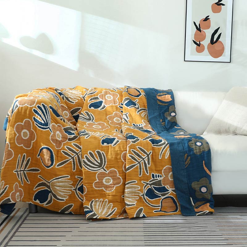 Yellow Flower Sofa Blanket | Soft Cotton Gauze | Reversible Design