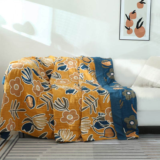 Yellow Flower Sofa Blanket | Soft Cotton Gauze | Reversible Design
