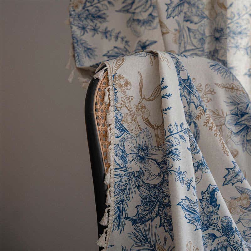 Blue Flower Semi-Blackout Curtain | Cotton and Linen | 1 Piece