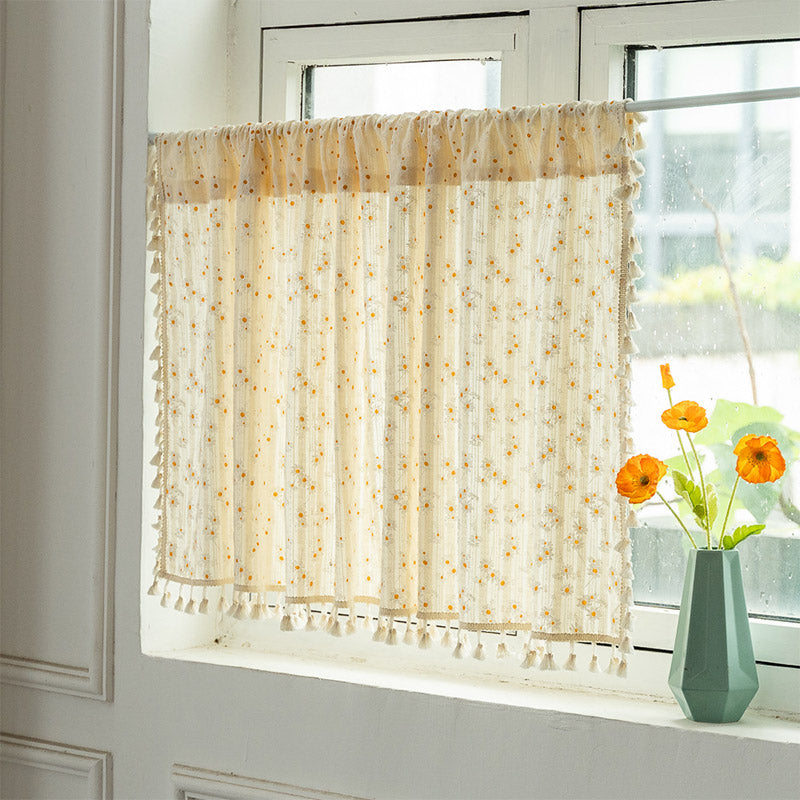 Beige Daisy Pattern Tier Curtain | Cotton Linen | 1 Piece