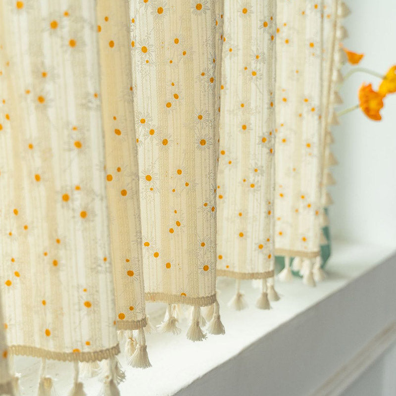 Beige Daisy Pattern Tier Curtain | Cotton Linen | 1 Piece