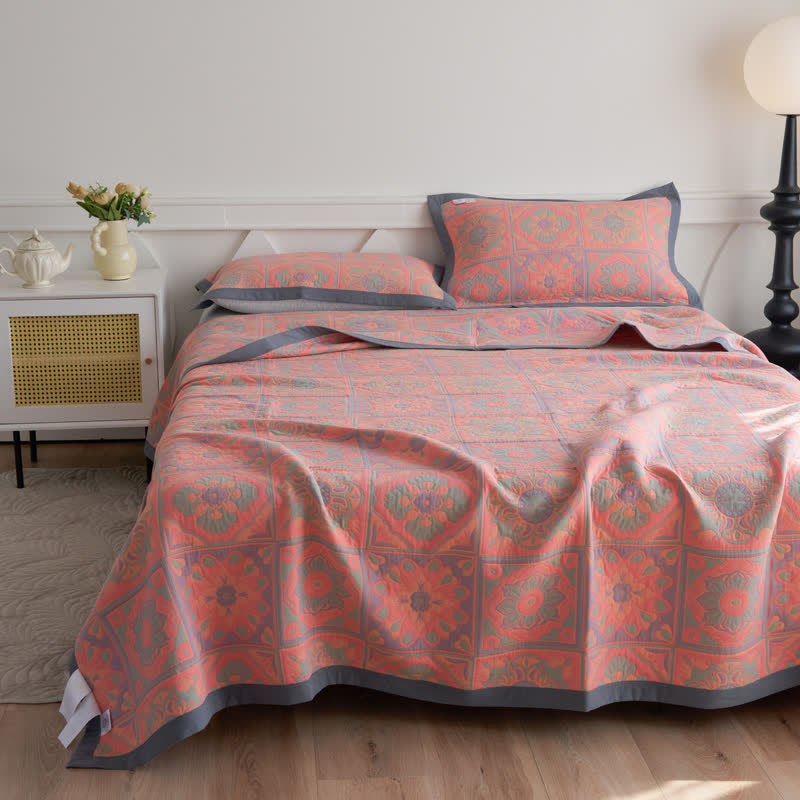 Jacquard Floral Cotton Quilt | 100% Organic Cotton | Reversible Design with Pillow Towels