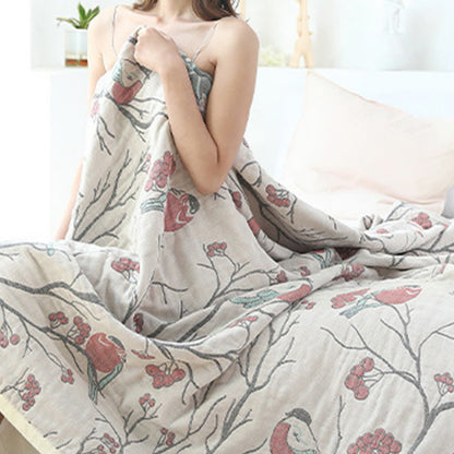 Hawthorn Tree Bird Quilt | 100% Organic Cotton | Reversible Design, Full/Queen Size