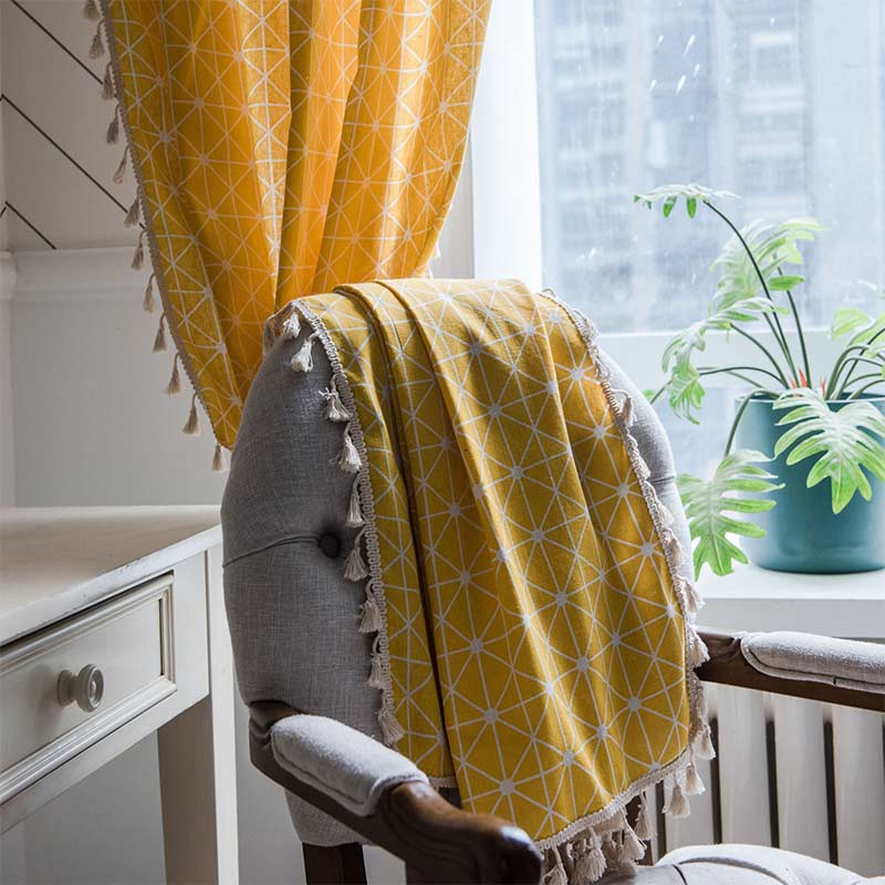 Yellow Plaid Semi-Blackout Curtains | Cotton with Tassels | 1 Piece