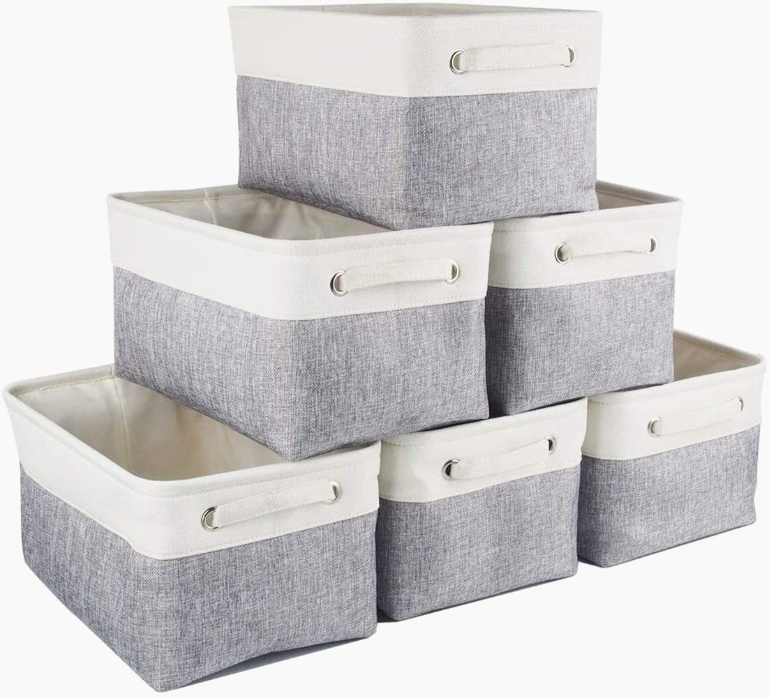 Fabric Storage Boxes | Eco-Friendly Linen & Cotton | 6 Pack White & Grey