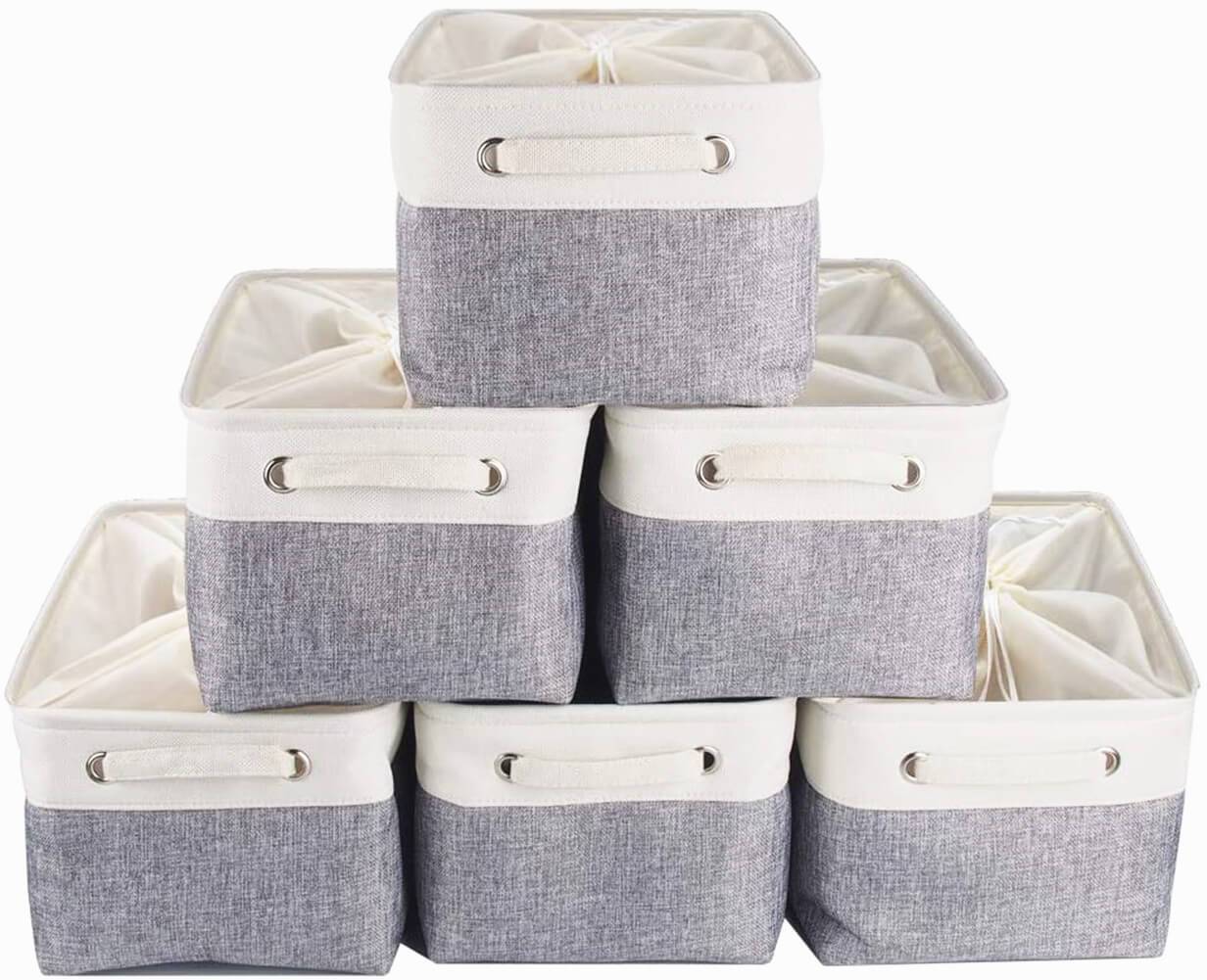 Fabric Storage Boxes | Eco-Friendly Linen & Cotton | 6 Pack White & Grey