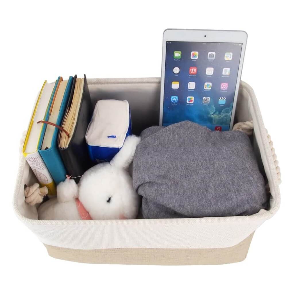 Fabric Storage Baskets | White & Khaki Rope Handles | Set of 5