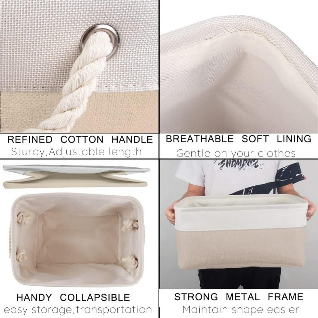 Fabric Storage Baskets | White & Khaki Rope Handles | Set of 5