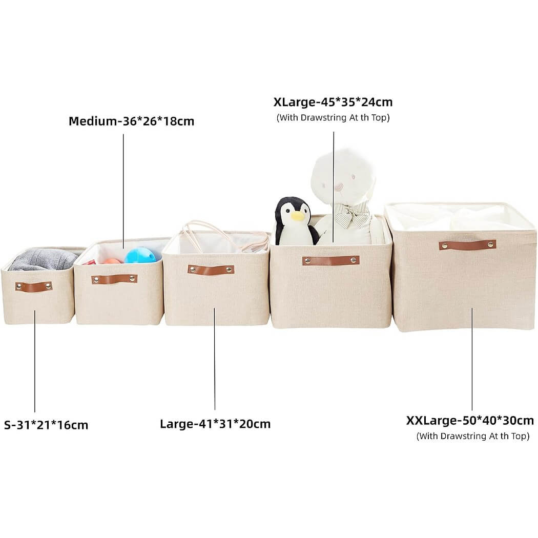 Collapsible Storage Box | Durable Linen with Leather Handles | Beige
