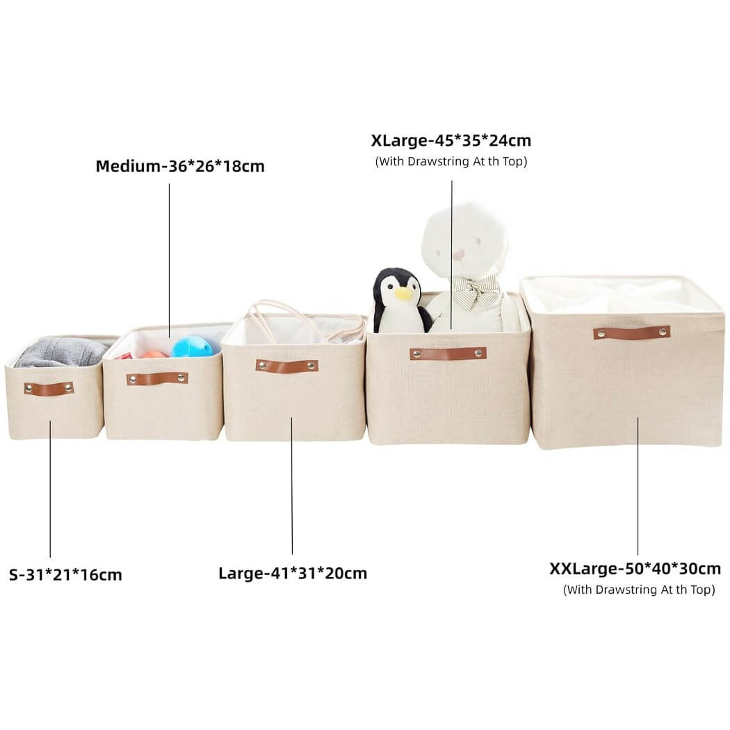 Collapsible Storage Box | Durable Linen with Leather Handles | Beige