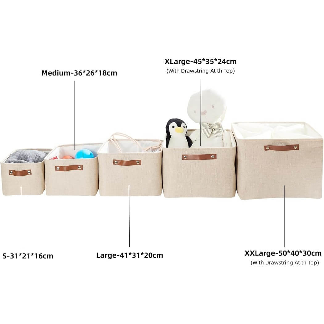 Collapsible Storage Box | Durable Linen with Leather Handles | Beige