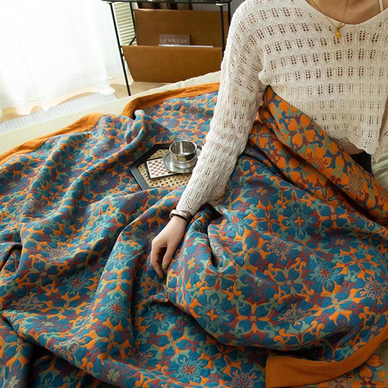 Cotton Quilt Set | Reversible Orange & Blue | 1 Quilt & 2 Pillowcases