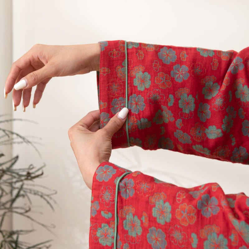 Cotton Bathrobe | Double-Layer Soft Fabric | Plum Blossom Pattern