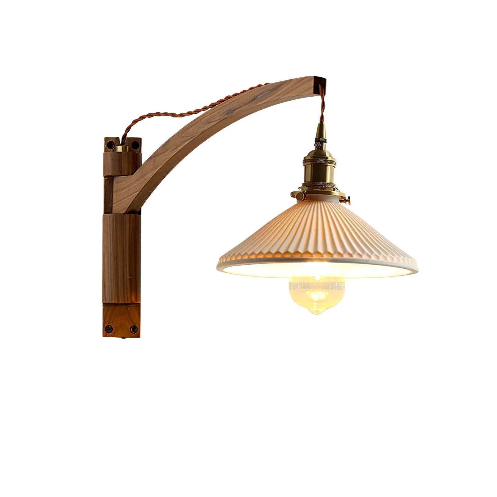 Walnut Swing Arm Wall Light | White Pleated Ceramic Shade | Adjustable Design