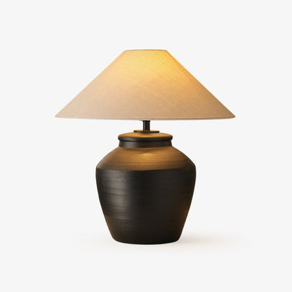 Ceramic Table Lamp | Matte Black with Beige Shade | 50cm Diameter