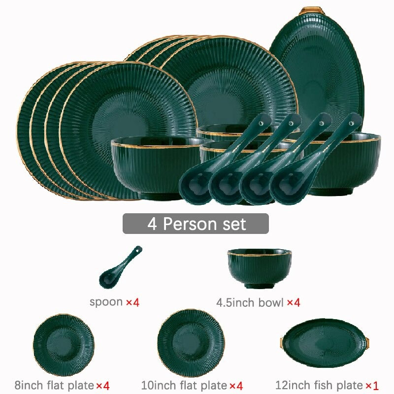 Ocula Dinnerware Set | Fine Porcelain with Gold Rim | Green, 4-8 Persons