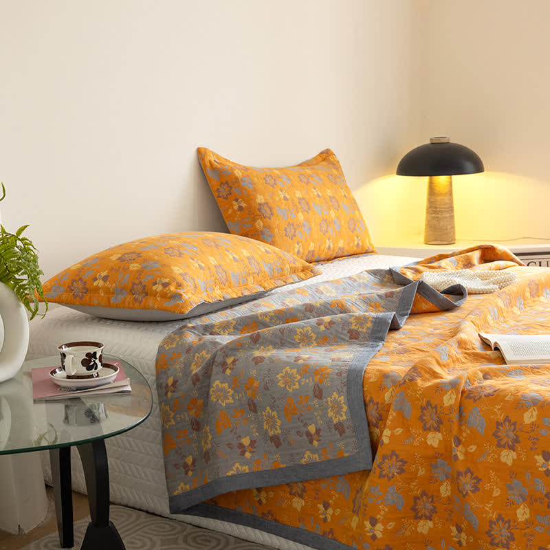 Gauze Floral Quilt Set | 100% Organic Cotton | Queen Size with 2 Pillowcases