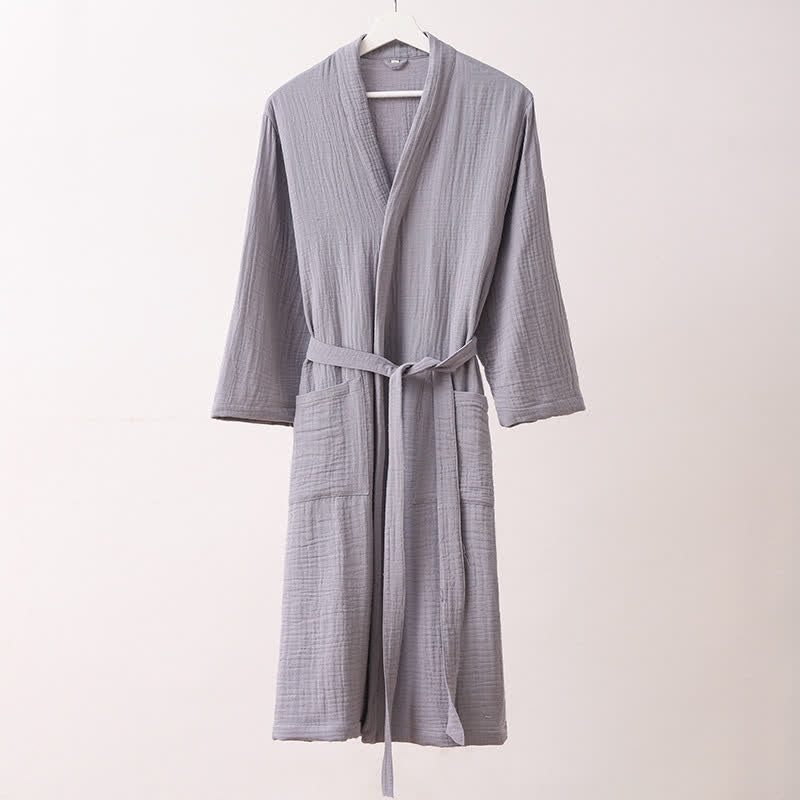 Cotton Long Sleeve V-Neck Bathrobe | Soft & Lightweight | With Pockets